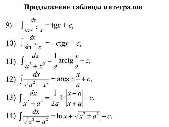  Продолжение таблицы интегралов 9)   = tgx + c,  10) 