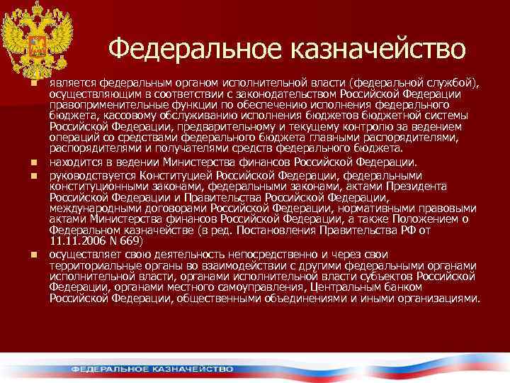   Федеральное казначейство n  является федеральным органом исполнительной власти (федеральной службой),