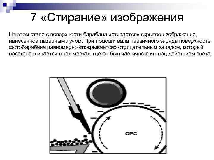   7 «Стирание» изображения На этом этапе с поверхности барабана «стирается» скрытое изображение,
