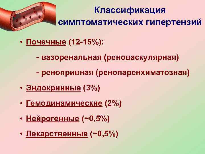     Классификация   симптоматических гипертензий  • Почечные (12 -15%):