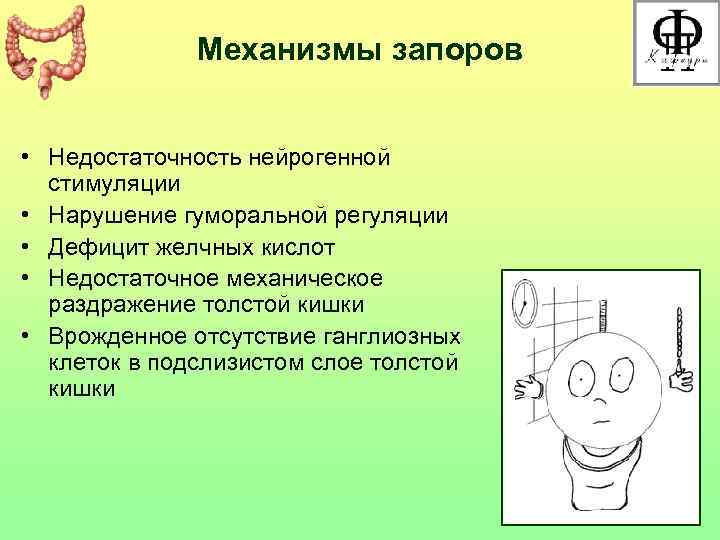    Механизмы запоров  • Недостаточность нейрогенной  стимуляции • Нарушение гуморальной