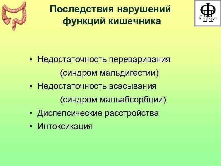   Последствия нарушений  функций кишечника  • Недостаточность переваривания  (синдром мальдигестии)