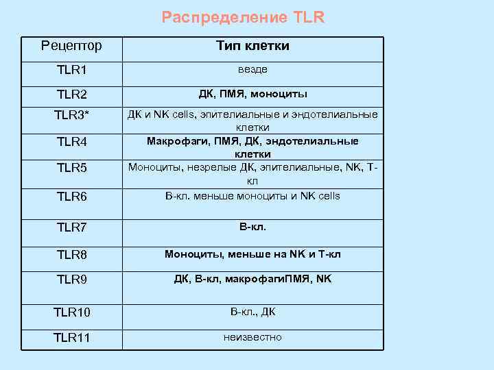    Распределение TLR Рецептор   Тип клетки  TLR 1 