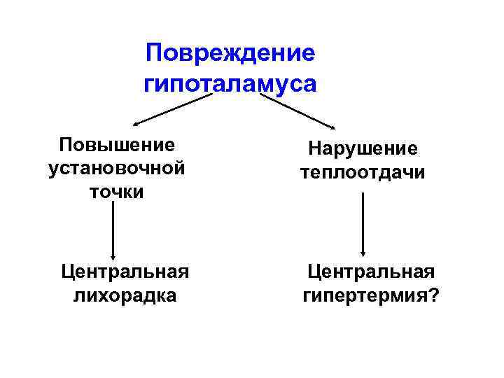   Повреждение   гипоталамуса  Повышение   Нарушение установочной теплоотдачи точки