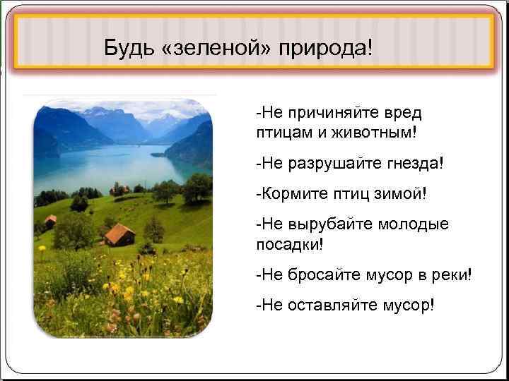 Будь «зеленой» природа! -Не причиняйте вред птицам и животным! Будь «зеленой» природа! -Не причиняйте вред птицам и животным!