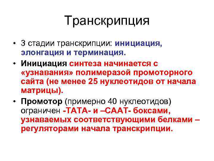   Транскрипция • 3 стадии транскрипции: инициация,  элонгация и терминация.  •