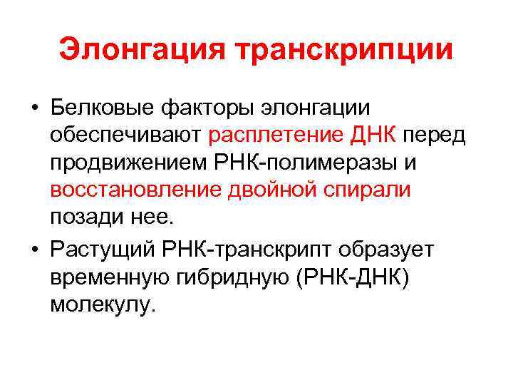  Элонгация транскрипции • Белковые факторы элонгации  обеспечивают расплетение ДНК перед  продвижением