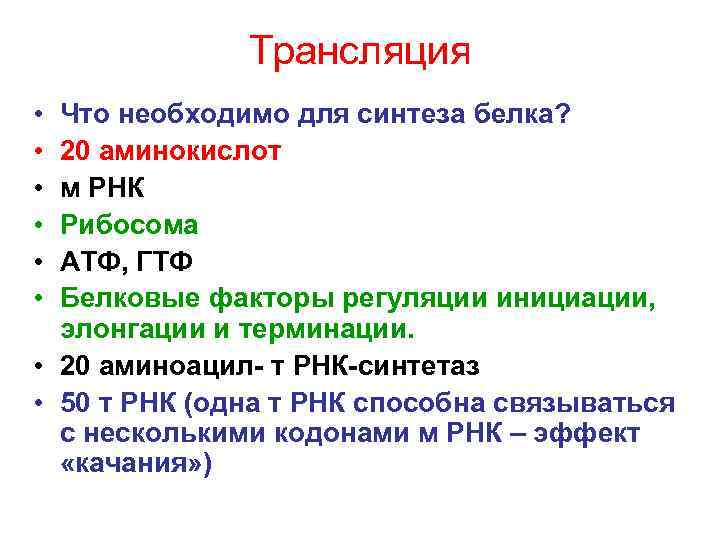    Трансляция • Что необходимо для синтеза белка?  • 20 аминокислот