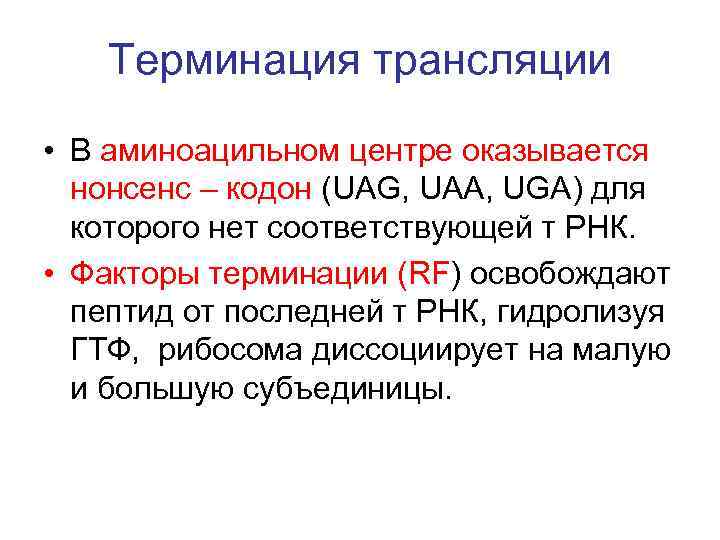   Терминация трансляции • В аминоацильном центре оказывается  нонсенс – кодон (UAG,