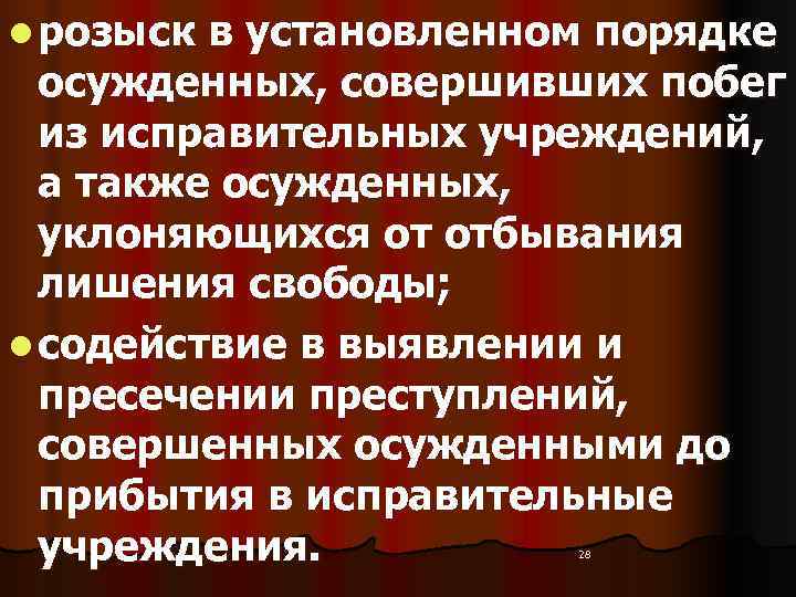 l розыск в установленном порядке  осужденных, совершивших побег  из исправительных учреждений, а