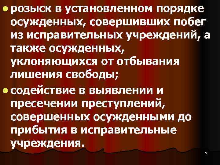 l розыск в установленном порядке  осужденных, совершивших побег  из исправительных учреждений, а