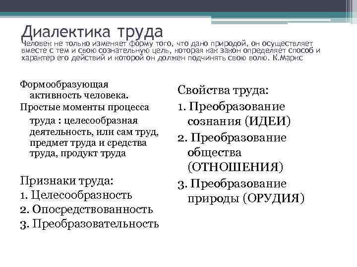 Диалектика труда Человек не только изменяет форму того, что дано природой, он осуществляет вместе