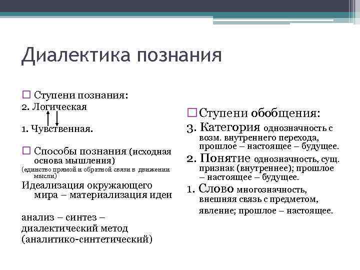 Диалектика познания  Ступени познания:  2. Логическая     Ступени обобщения: