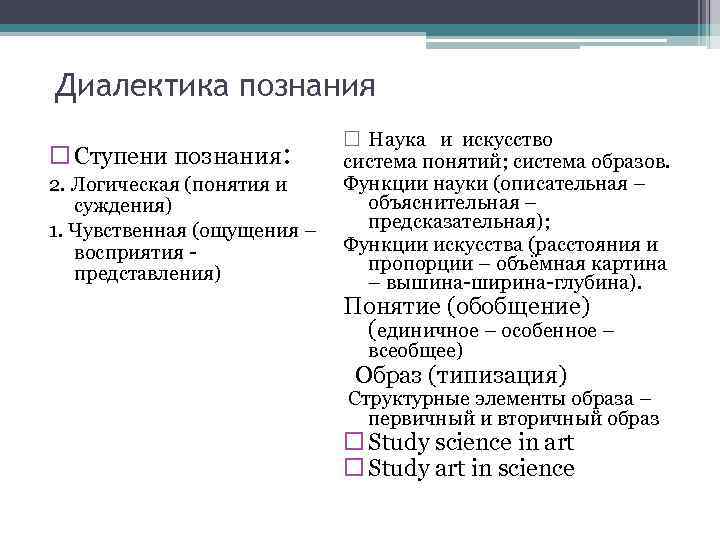 Диалектика познания       Наука  и искусство  Ступени