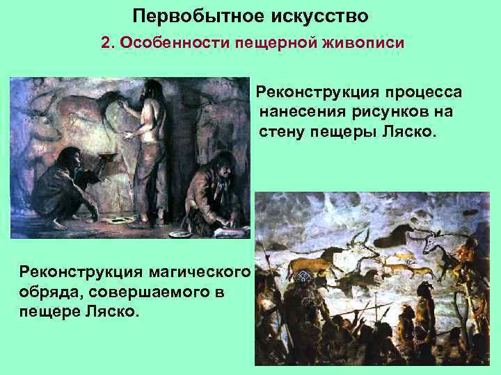  Первобытное искусство 2. Особенности пещерной живописи Реконструкция процесса нанесения рисунков на стену пещеры