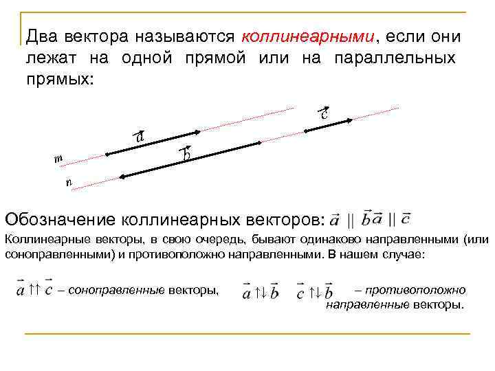   Два вектора называются коллинеарными, если они лежат на одной прямой или на