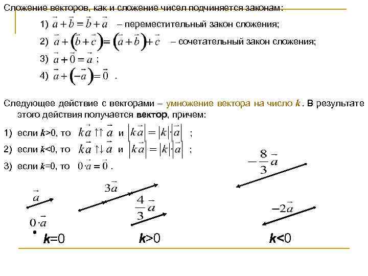 Сложение векторов, как и сложение чисел подчиняется законам:   1)   