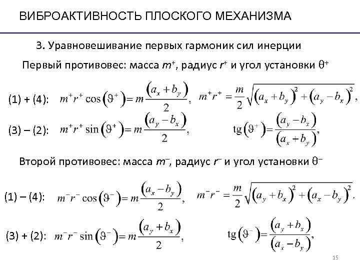 ВИБРОАКТИВНОСТЬ ПЛОСКОГО МЕХАНИЗМА 3. Уравновешивание первых гармоник сил инерции Первый ВИБРОАКТИВНОСТЬ ПЛОСКОГО МЕХАНИЗМА 3. Уравновешивание первых гармоник сил инерции Первый