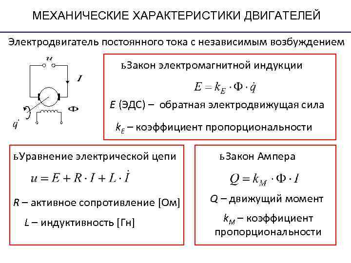 МЕХАНИЧЕСКИЕ ХАРАКТЕРИСТИКИ ДВИГАТЕЛЕЙ Электродвигатель постоянного тока с независимым возбуждением МЕХАНИЧЕСКИЕ ХАРАКТЕРИСТИКИ ДВИГАТЕЛЕЙ Электродвигатель постоянного тока с независимым возбуждением