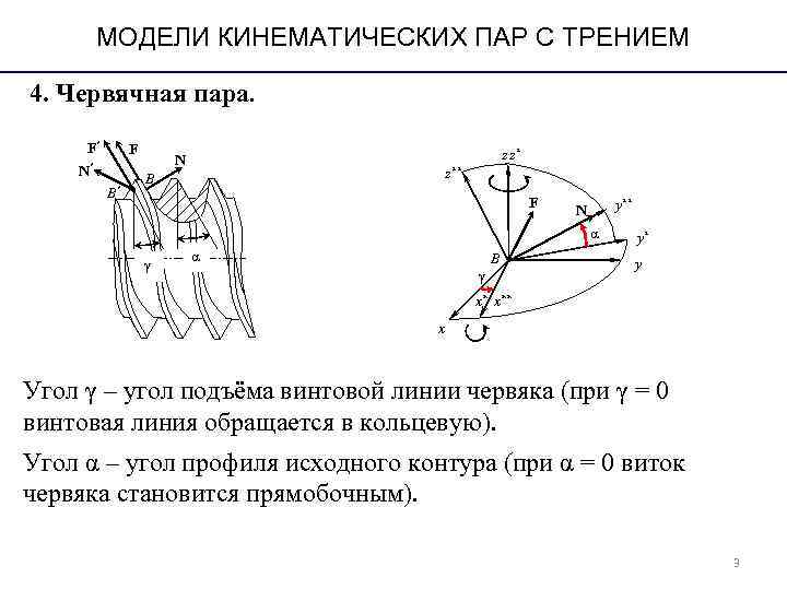 МОДЕЛИ КИНЕМАТИЧЕСКИХ ПАР С ТРЕНИЕМ 4. Червячная пара. F′ F МОДЕЛИ КИНЕМАТИЧЕСКИХ ПАР С ТРЕНИЕМ 4. Червячная пара. F′ F