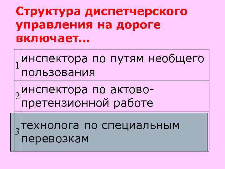 Структура диспетчерского управления на дороге включает…  инспектора по путям необщего 1  пользования