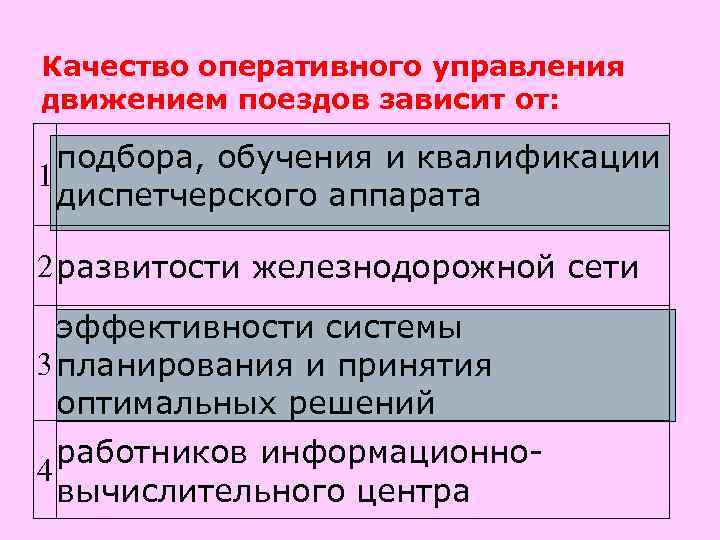Качество оперативного управления движением поездов зависит от: подбора, обучения и квалификации 1  диспетчерского