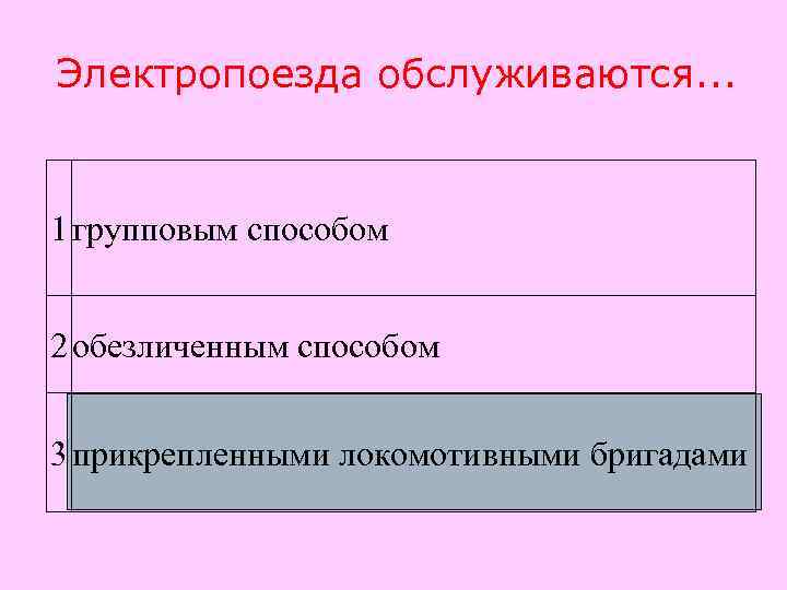 Электропоезда обслуживаются. . .  1 групповым способом  2 обезличенным способом  3