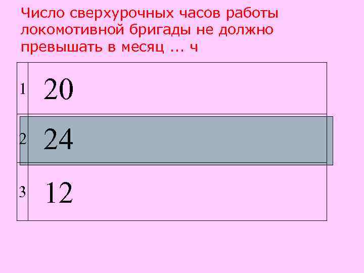 Число сверхурочных часов работы локомотивной бригады не должно превышать в месяц. . . ч