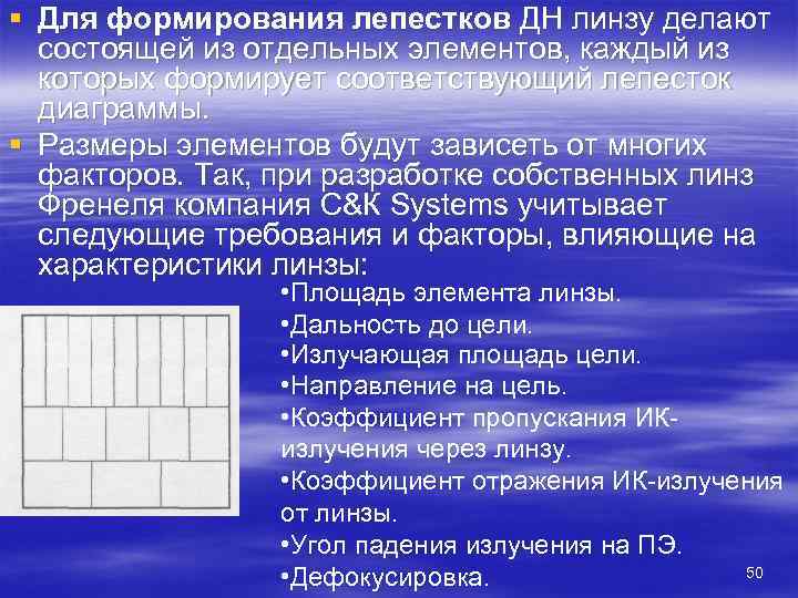 § Для формирования лепестков ДН линзу делают  состоящей из отдельных элементов, каждый из
