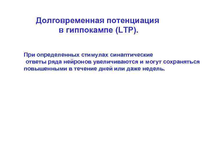   Долговременная потенциация   в гиппокампе (LTP).  При определенных стимулах синаптические