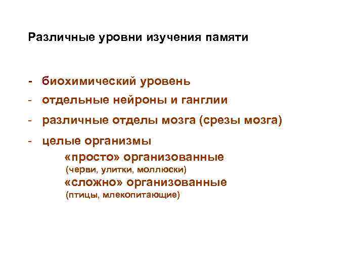Различные уровни изучения памяти  - биохимический уровень - отдельные нейроны и ганглии -