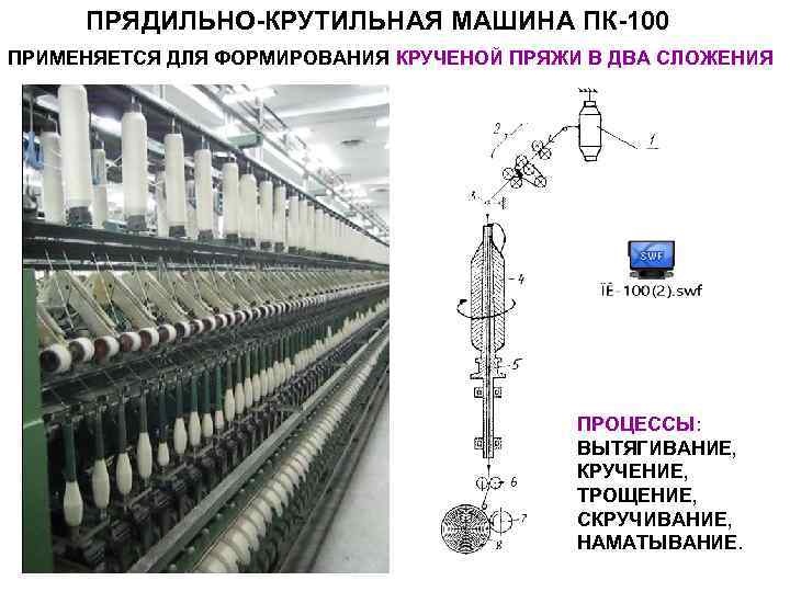  ПРЯДИЛЬНО-КРУТИЛЬНАЯ МАШИНА ПК-100 ПРИМЕНЯЕТСЯ ДЛЯ ФОРМИРОВАНИЯ КРУЧЕНОЙ ПРЯЖИ В ДВА СЛОЖЕНИЯ  