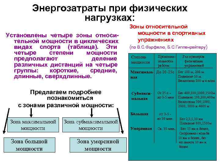    Энергозатраты при физических    нагрузках:    