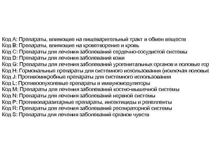 Код A: Препараты, влияющие на пищеварительный тракт и обмен веществ Код B: Препараты, влияющие