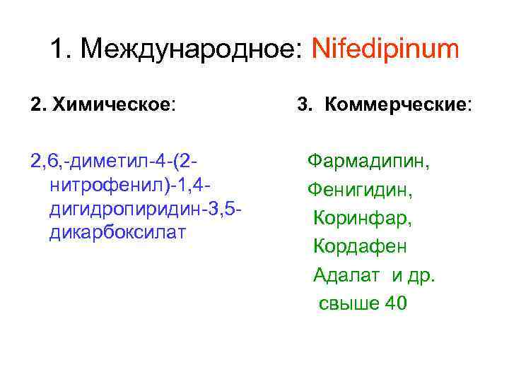  1. Международное: Nifedipinum 2. Химическое:  3. Коммерческие:  2, 6, -диметил-4 -(2