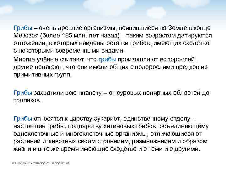 Грибы – очень древние организмы, появившиеся на Земле в конце Мезозоя (более 185 млн.