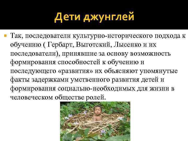   Дети джунглей Так, последователи культурно-исторического подхода к обучению ( Гербарт, Выготский,
