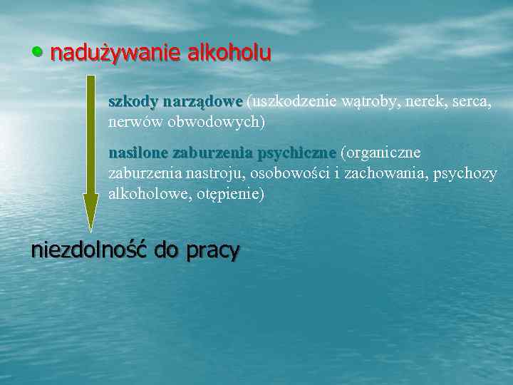  • nadużywanie alkoholu  szkody narządowe (uszkodzenie wątroby, nerek, serca,   nerwów