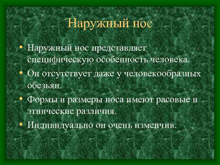    Наружный нос • Наружный нос представляет  специфическую особенность человека. 