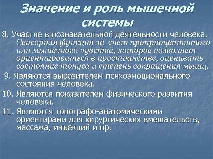  Значение и роль мышечной   системы 8. Участие в познавательной деятельности