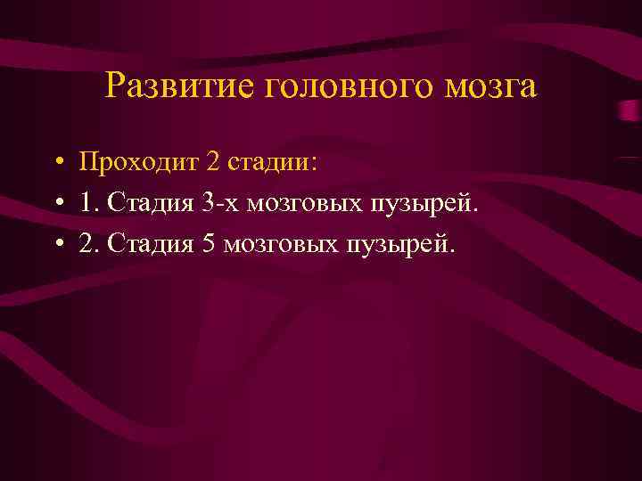   Развитие головного мозга • Проходит 2 стадии:  • 1. Стадия 3