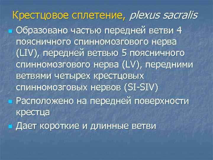 Крестцовое сплетение, plexus sacralis n  Образовано частью передней ветви 4 поясничного спинномозгового нерва