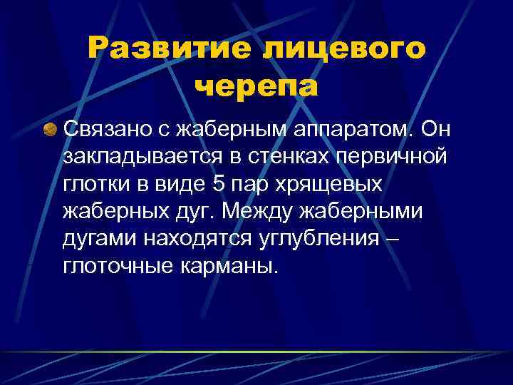  Развитие лицевого  черепа Связано с жаберным аппаратом. Он закладывается в стенках первичной