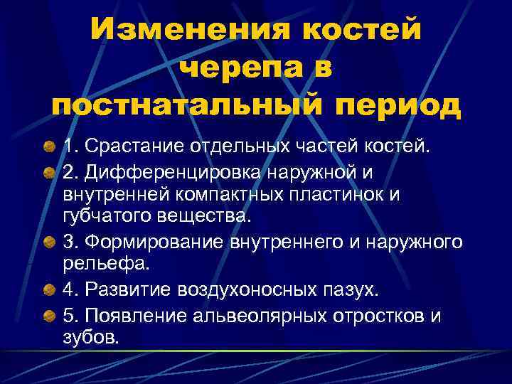  Изменения костей  черепа в постнатальный период 1. Срастание отдельных частей костей. 2.