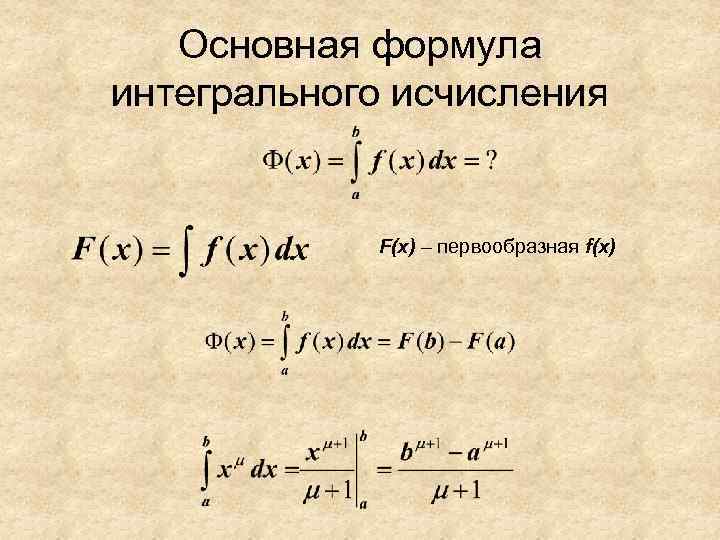   Основная формула интегрального исчисления    F(x) – первообразная f(x) 