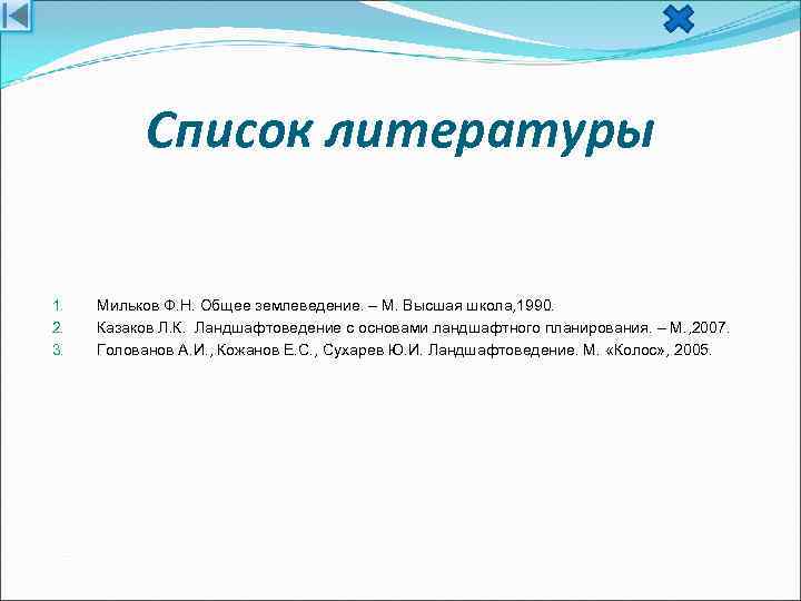   Список литературы 1.  Мильков Ф. Н. Общее землеведение. – М. Высшая