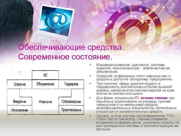 Обеспечивающие средства. Современное состояние.    •  Максимум внимания уделяется системе 