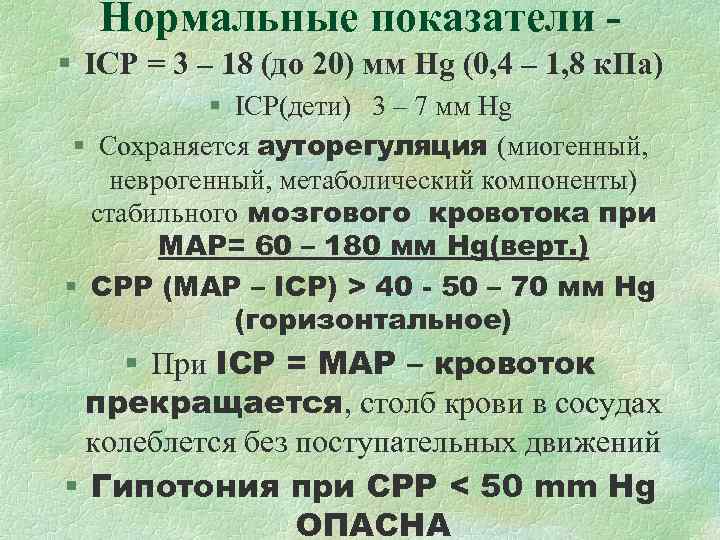 Нормальные показатели - § ICP = 3 – 18 (до 20) мм Нормальные показатели - § ICP = 3 – 18 (до 20) мм