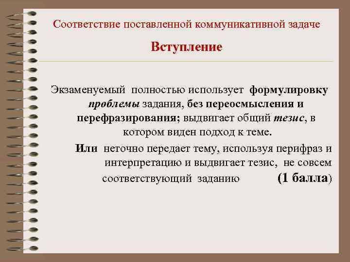 Соответствие поставленной коммуникативной задаче     Вступление Экзаменуемый полностью использует формулировку 