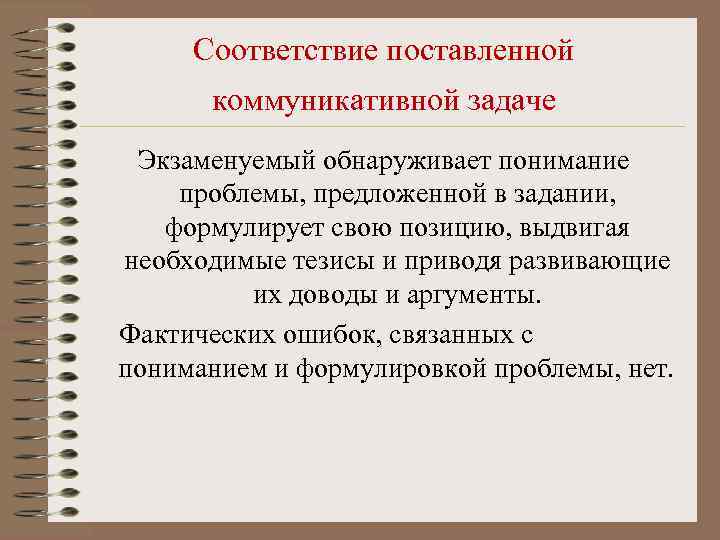   Соответствие поставленной  коммуникативной задаче  Экзаменуемый обнаруживает понимание   проблемы,